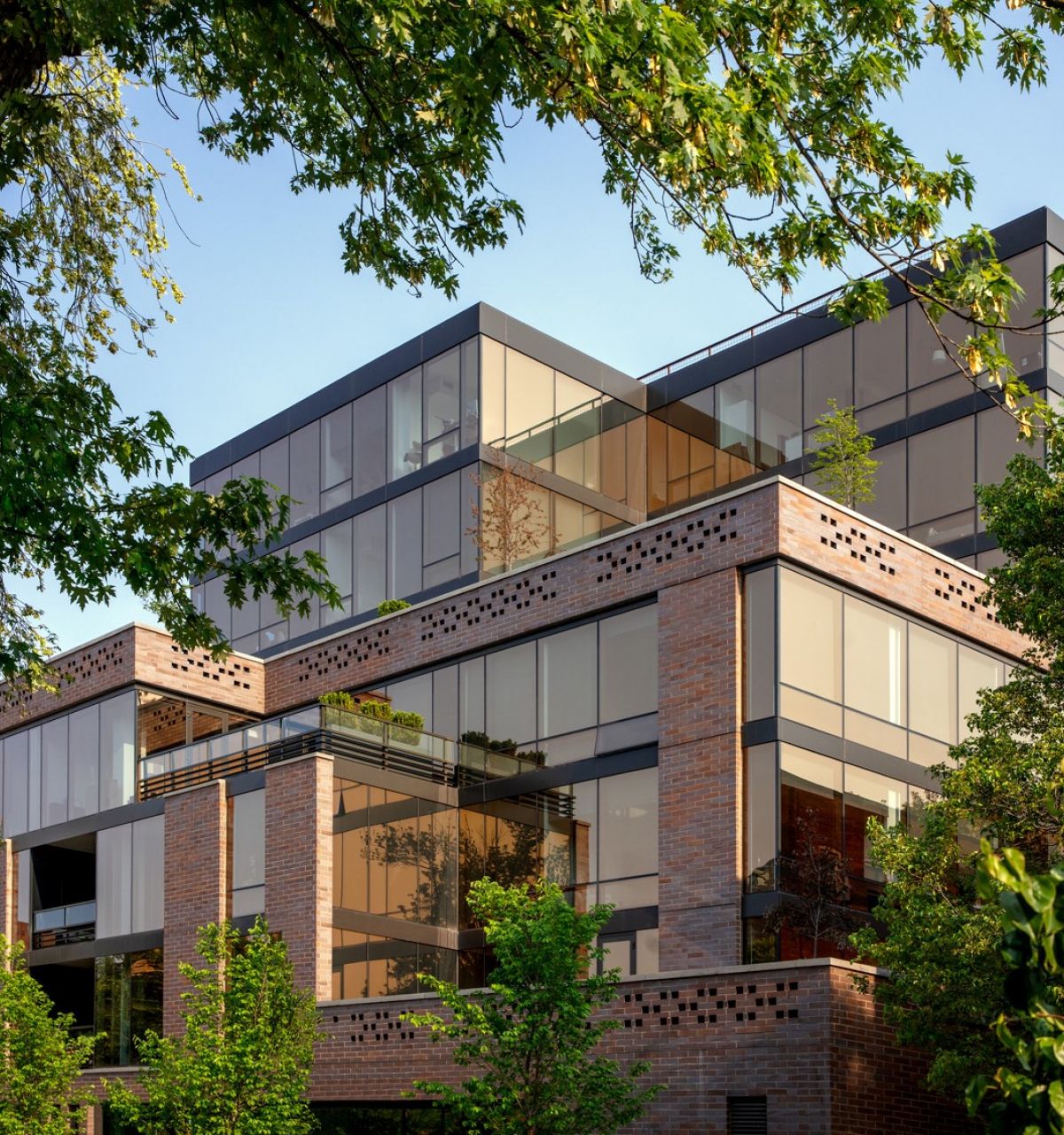 Optima Lakeview® Apartments in Chicago, IL Modern building with large glass windows and brick exterior, offering an elevated Optima living experience amid green trees and clear skies.