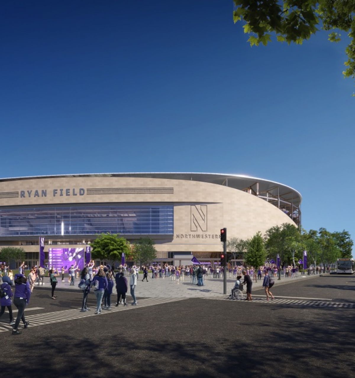 Optima Lakeview® Apartments in Chicago, IL Crowds gather outside Ryan Field at Northwestern University, surrounded by trees, under a clear blue sky.