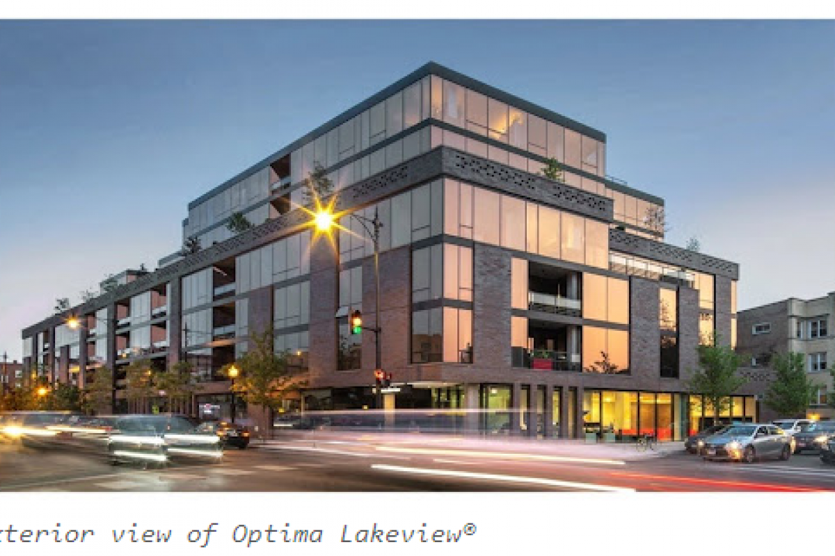 Optima Lakeview® Apartments in Chicago, IL Modern glass and brick apartment building at dusk, showcasing green architecture at the Optima Lakeview intersection.