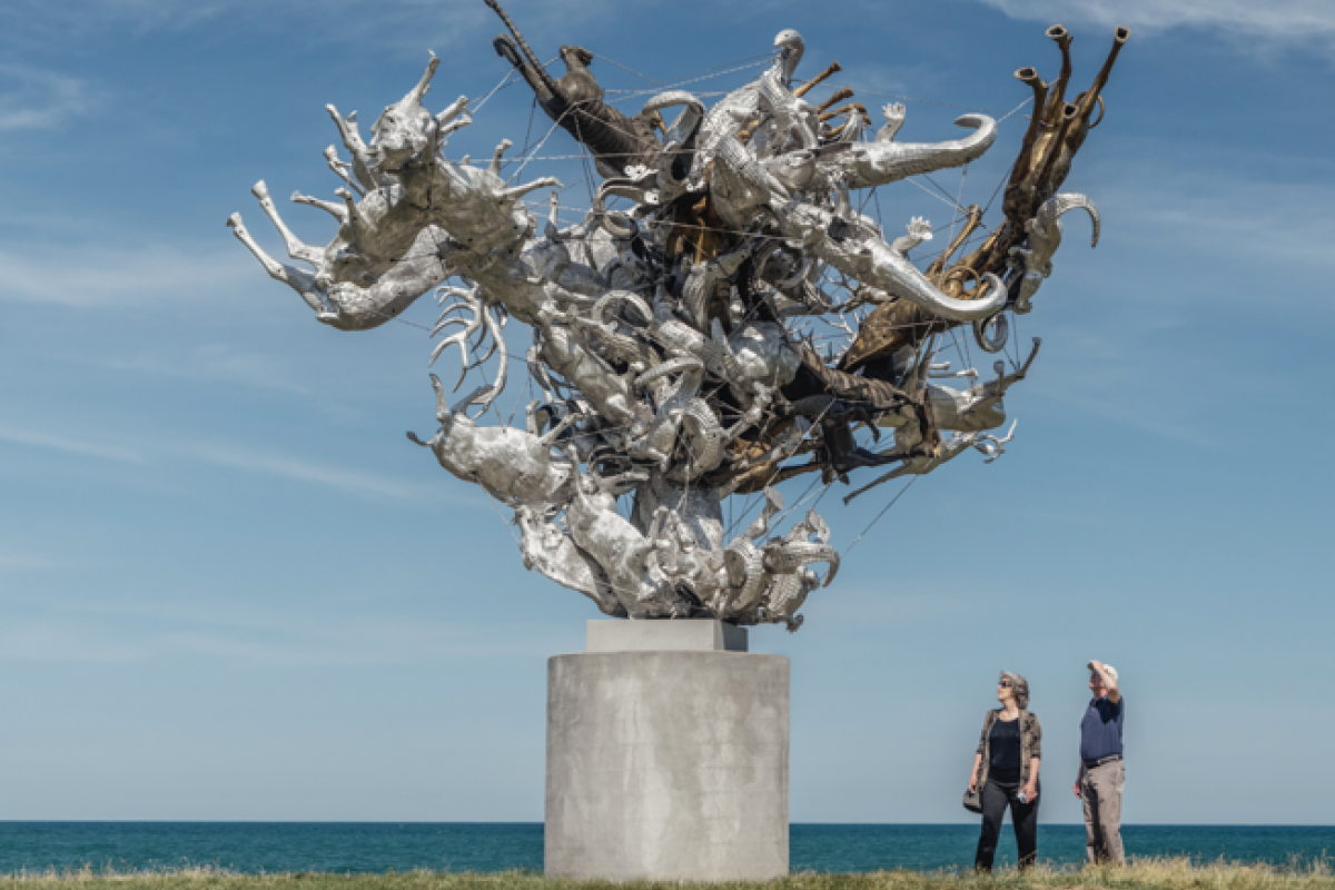 Optima Lakeview® Apartments in Chicago, IL Two people stand near Agrifolia Majoris, a large abstract metallic sculpture, part of Chicago Public Art, by the ocean on a grassy area.