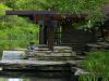 Optima Lakeview® Apartments in Chicago, IL Modern stone and wood pavilion by a pond, inspired by Prairie-Style design, surrounded by lush plants and trees.