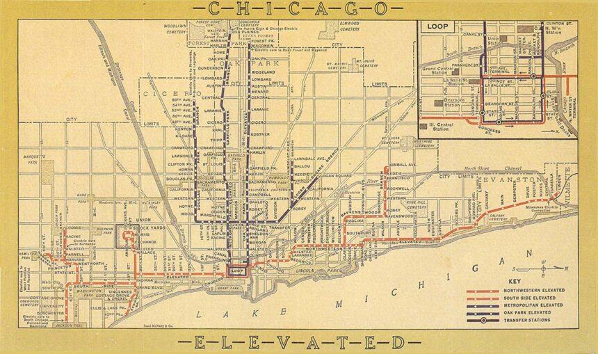 Optima Lakeview® Apartments in Chicago, IL Vintage map of the Chicago “L” shows its history through rail transportation lines, stations, routes, and Lake Michigan.