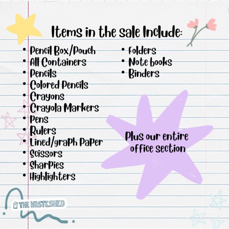 Optima Lakeview® Apartments in Chicago, IL Lined paper lists school supplies on sale at WasteShed Chicago, featuring creative reuse items like folders and colored pencils.