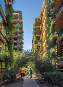 Optima Lakeview® Apartments in Chicago, IL A person enjoys radiant sunlight while walking between tall, modern buildings covered in greenery and plants under a clear blue sky.